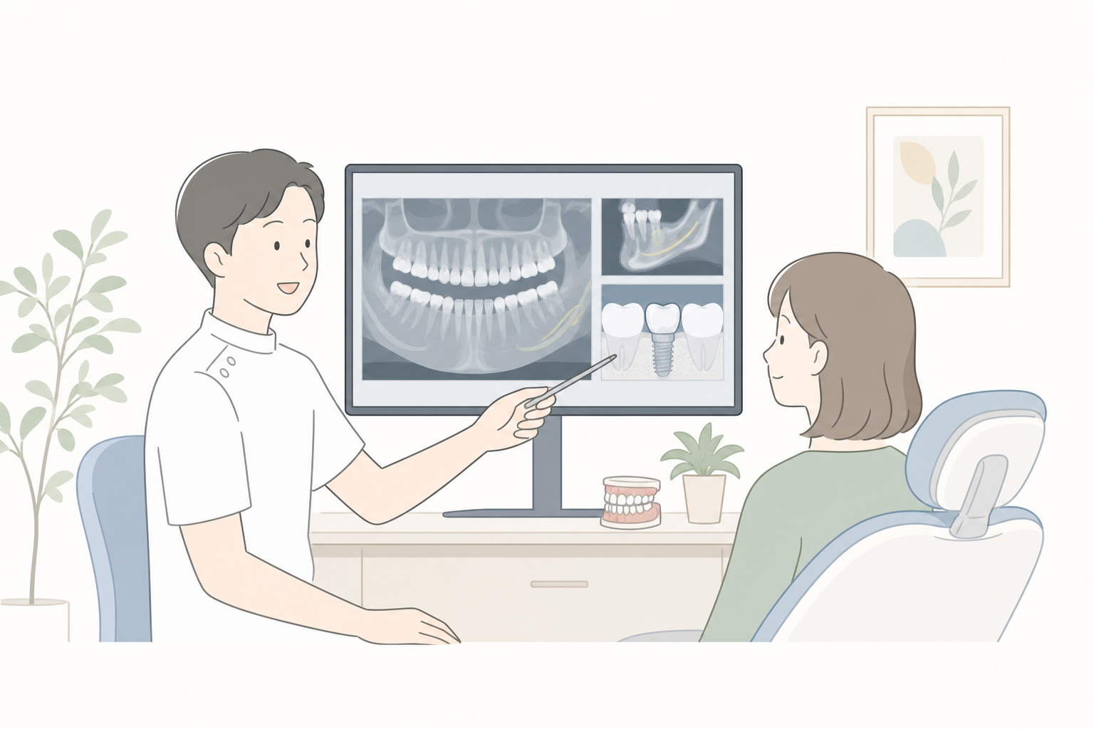 歯科医師がCT画像であごの骨の状態を患者に見せて説明しているイメージ