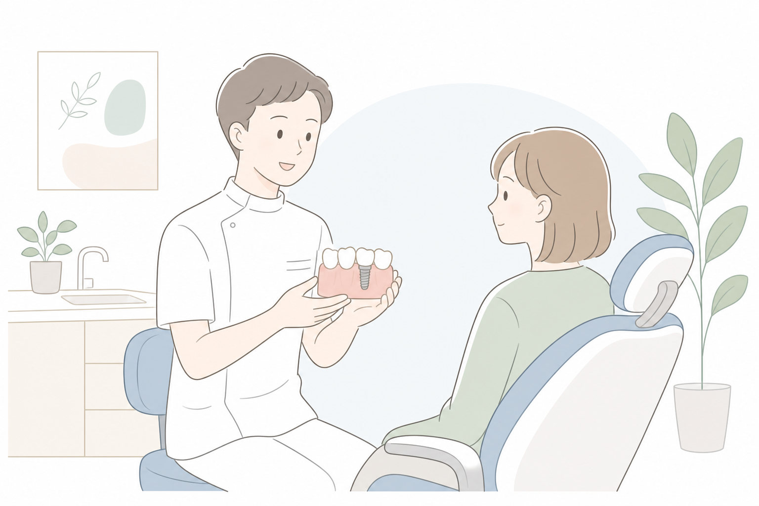 歯科医師が模型を使って患者にインプラント治療を説明しているイメージ